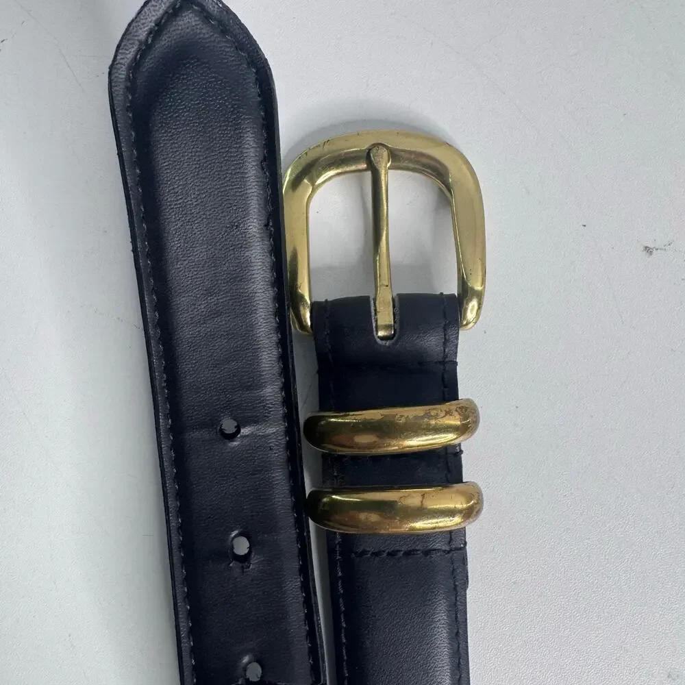 Vtg Dexter Black Belt Leather Brass Buckle Mens Size 32